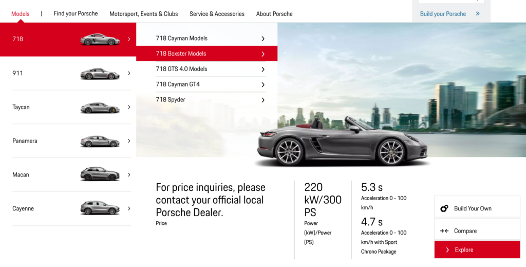 ตัวอย่าง drop down ของ porsche ที่มีประโยชน์กับผู้ใช้ เพราะมีรูปแสดงให้เห็นถึงสินค้าเพื่อช่วยในการตัดสินใจ