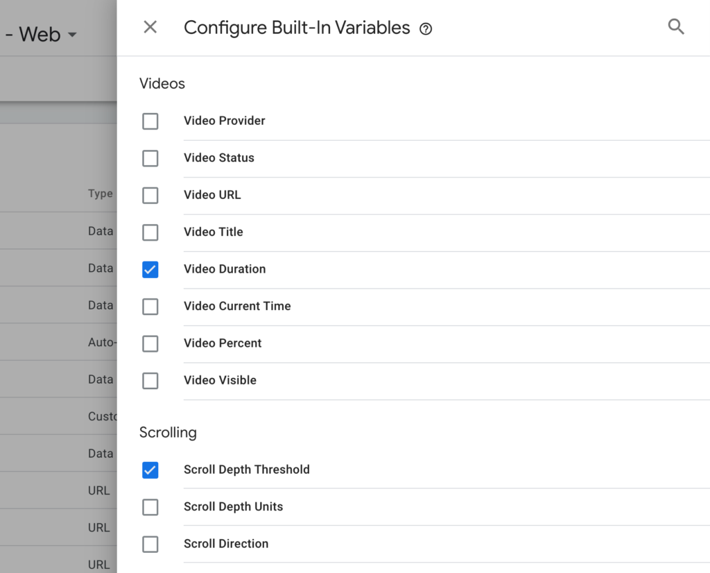 enable Scroll Depth Threshold on GTM configure Built-in variables